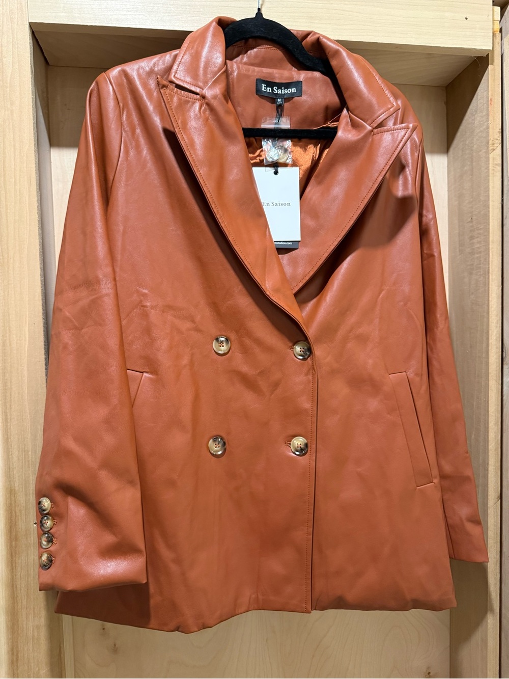 En Saison Women's Double-Breasted Faux Leather Blazer Jacket - Rust Orange NEW